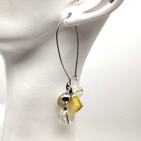 Artisan Clear Glass Bead & MOP Shell Cluster Dangle Earrings with Latch Wires - Picture 13 of 13